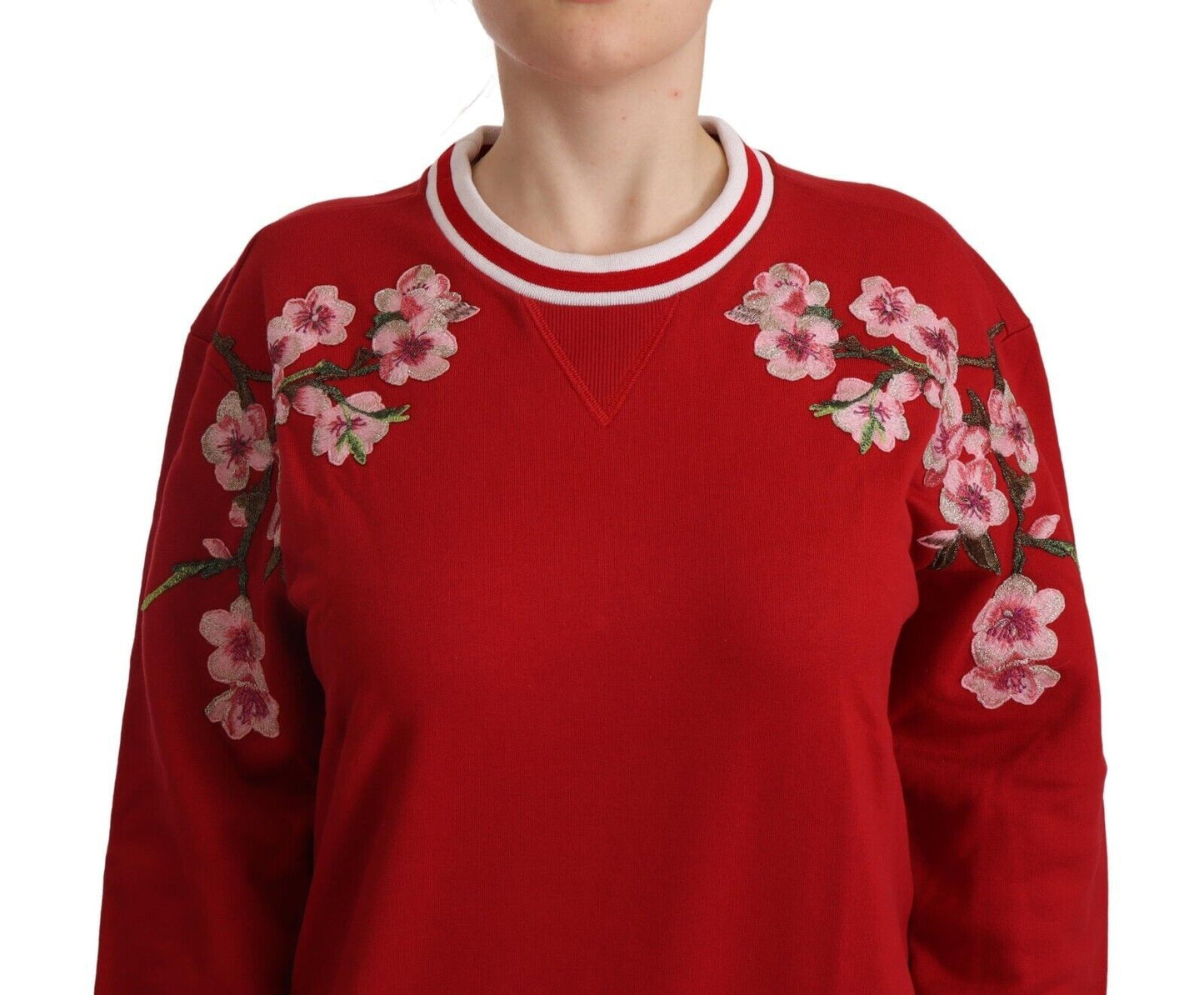 Elegante jersey rojo de cuello redondo con motivos florales