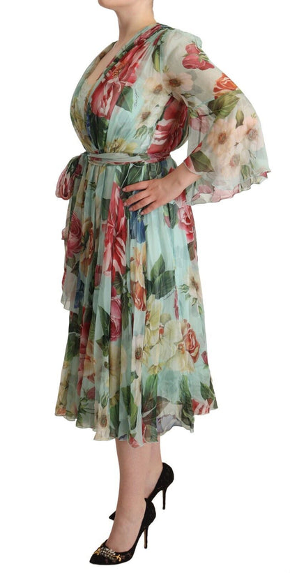 Elegante vestido midi de seda con estampado floral verde