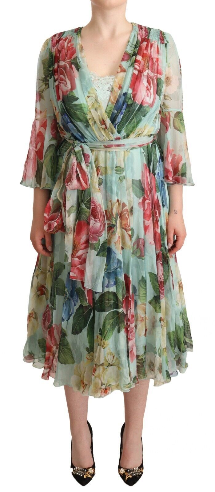 Elegante vestido midi de seda con estampado floral verde