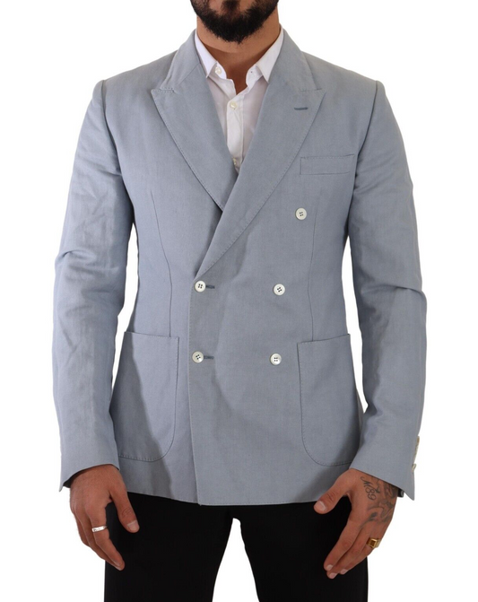 Elegante blazer azul claro entallado de doble botonadura