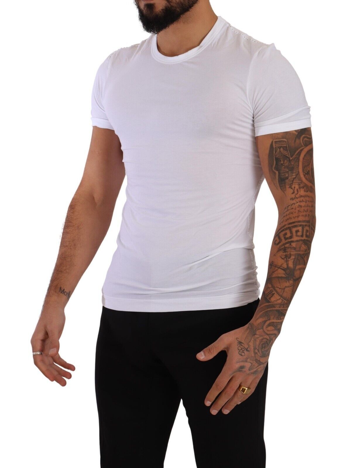 Elegante camiseta de cuello redondo en mezcla de algodón blanco