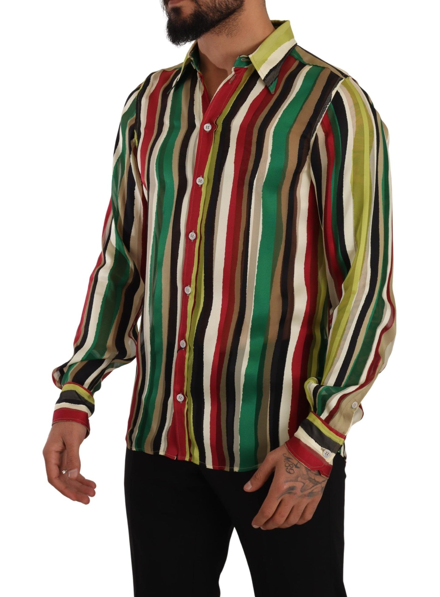 Camisa elegante de mezcla de seda a rayas multicolor