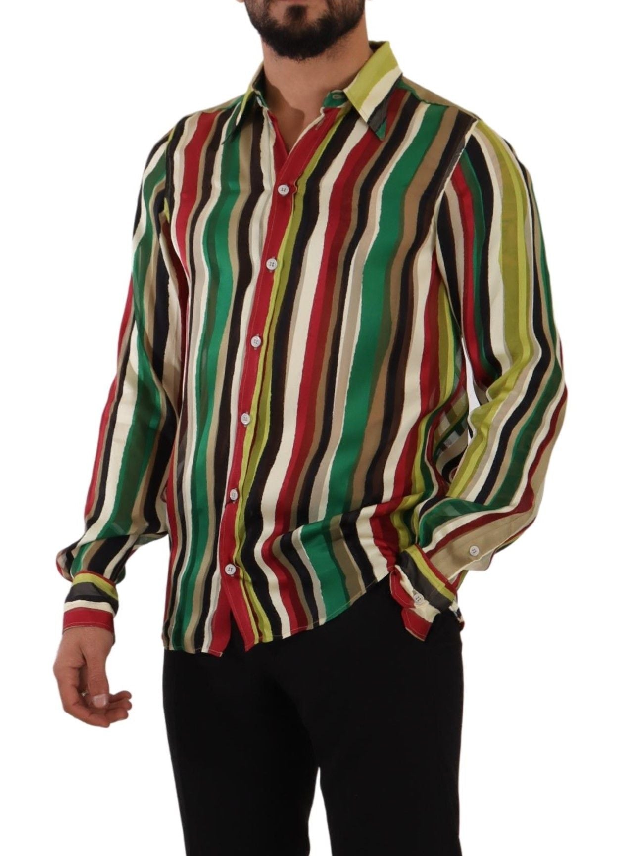 Camisa elegante de mezcla de seda a rayas multicolor