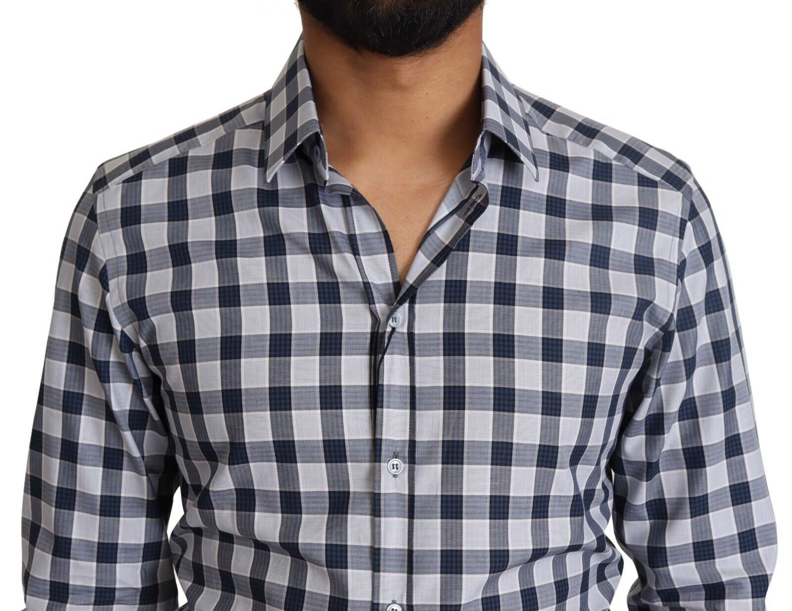 Elegant Blue & White Checkered Slim Fit Dress Shirt