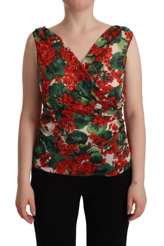 Elegante camiseta de tirantes de seda con cuello en V y estampado de geranios