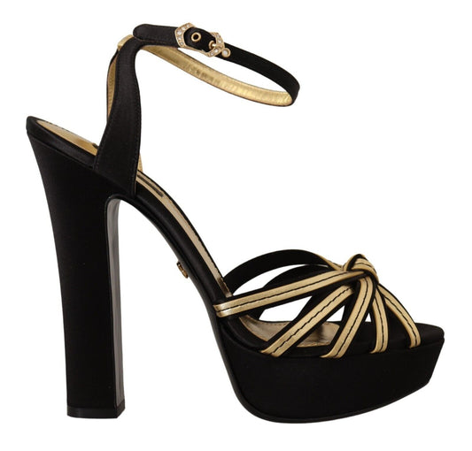 Sandalias elegantes con tiras en el tobillo y tacón negro y dorado