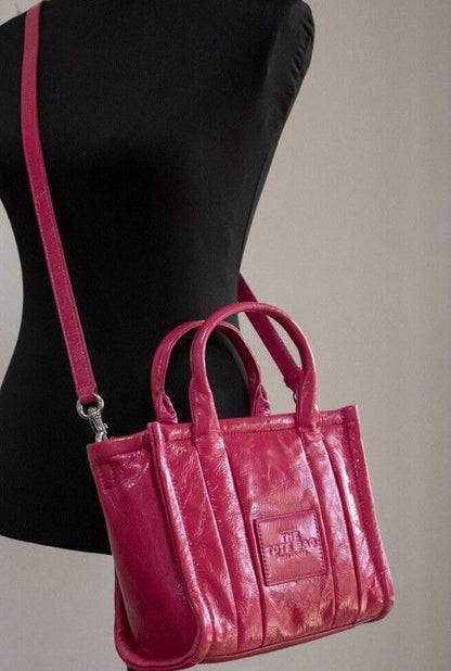 The Shiny Crinkle Mini Tote Magenta Leather Crossbody Handbag Purse