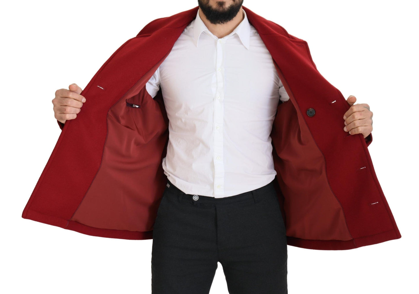 Elegante chaqueta roja de lana de doble botonadura