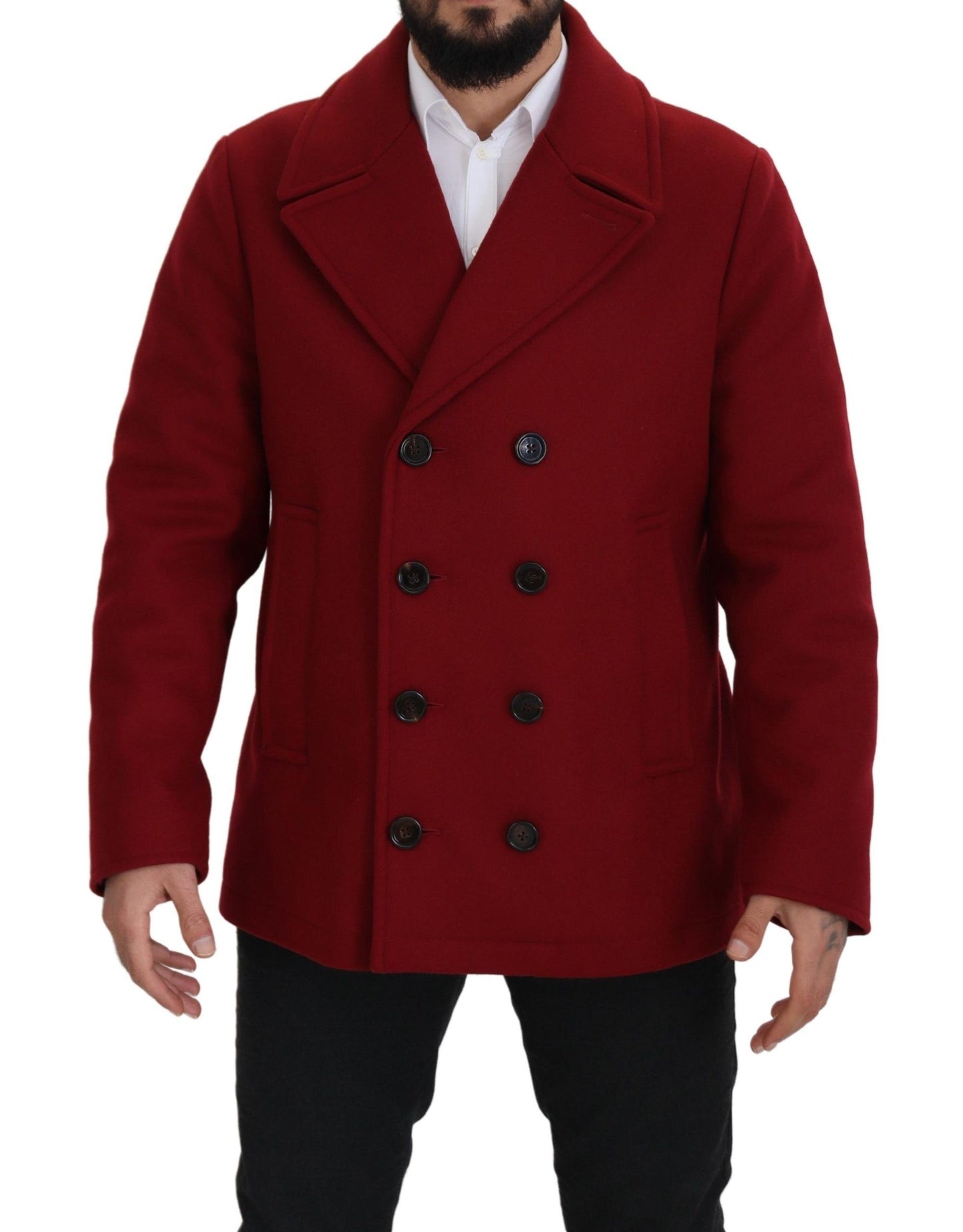 Elegante chaqueta roja de lana de doble botonadura