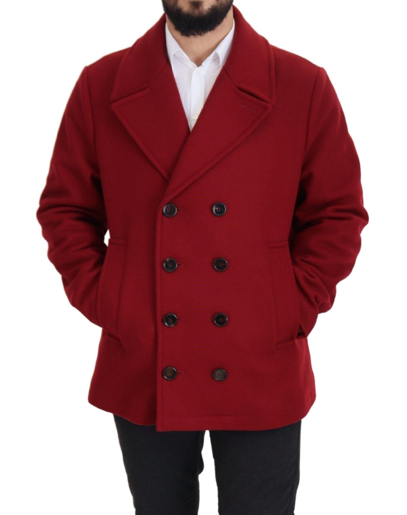 Elegante chaqueta roja de lana de doble botonadura