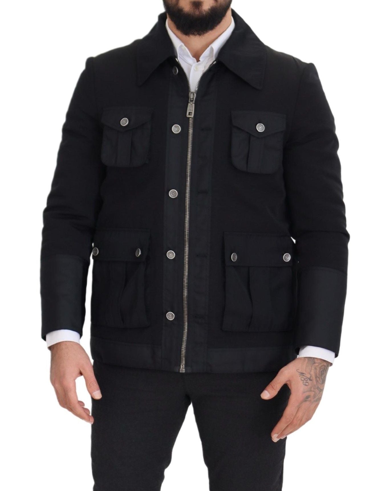 Elegant Full Zip Black Wool Blend Jacket