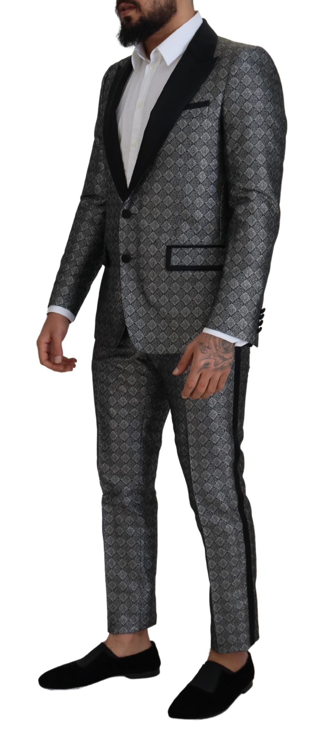 Elegant Silver Patterned Slim Fit Suit