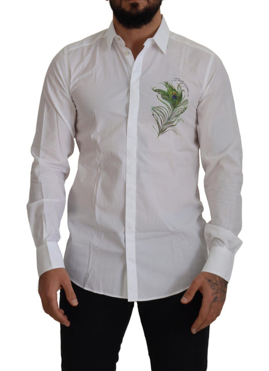 Elegante camisa de vestir blanca con plumas de pavo real