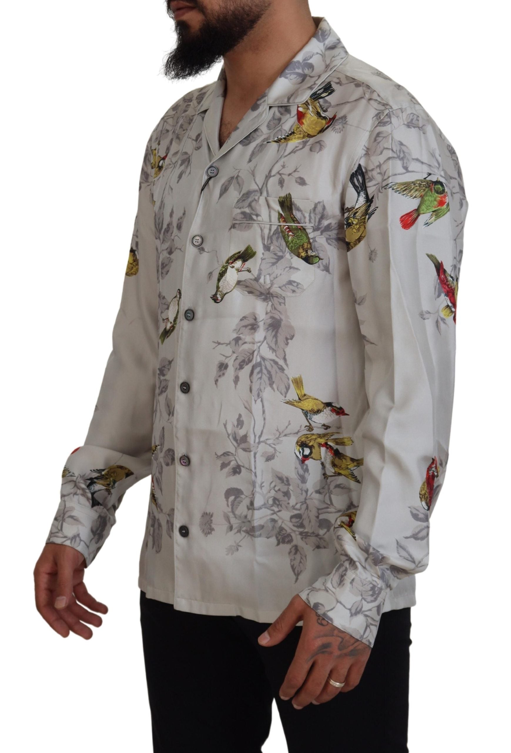 Camisa informal elegante con estampado de pájaros en seda