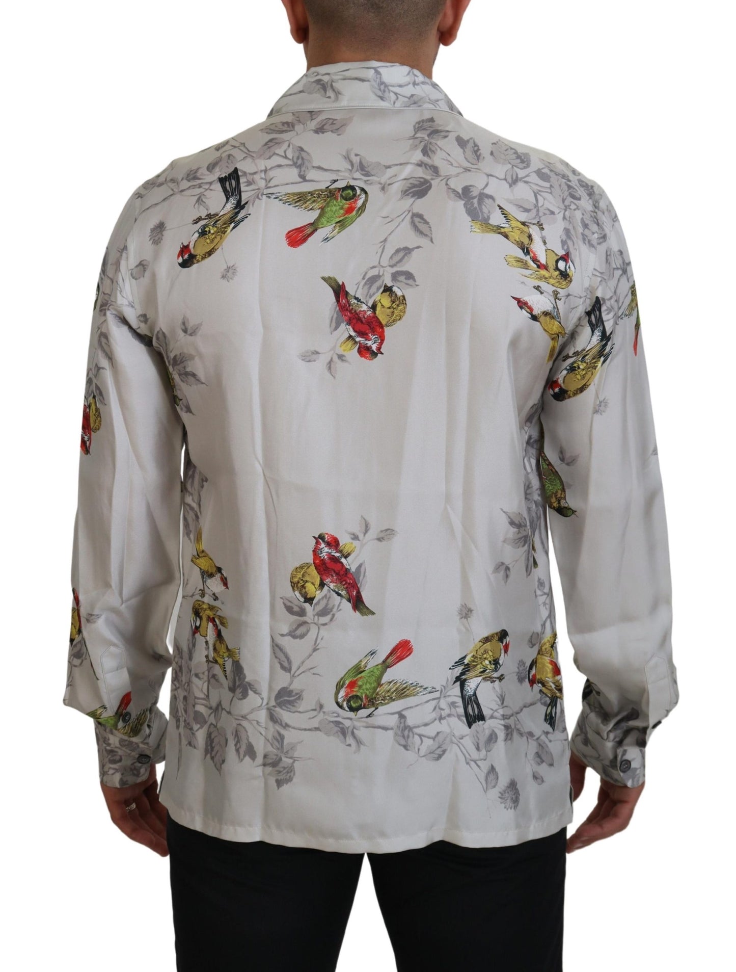 Camisa informal elegante con estampado de pájaros en seda