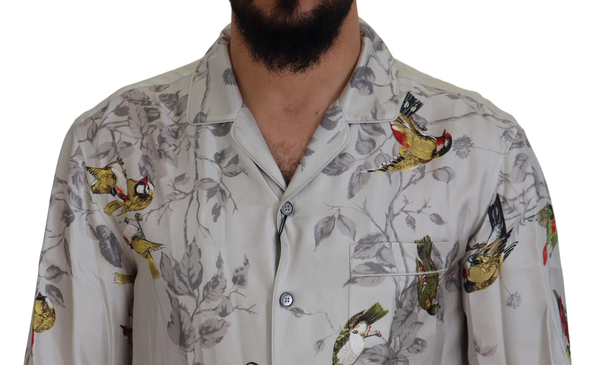 Camisa informal elegante con estampado de pájaros en seda