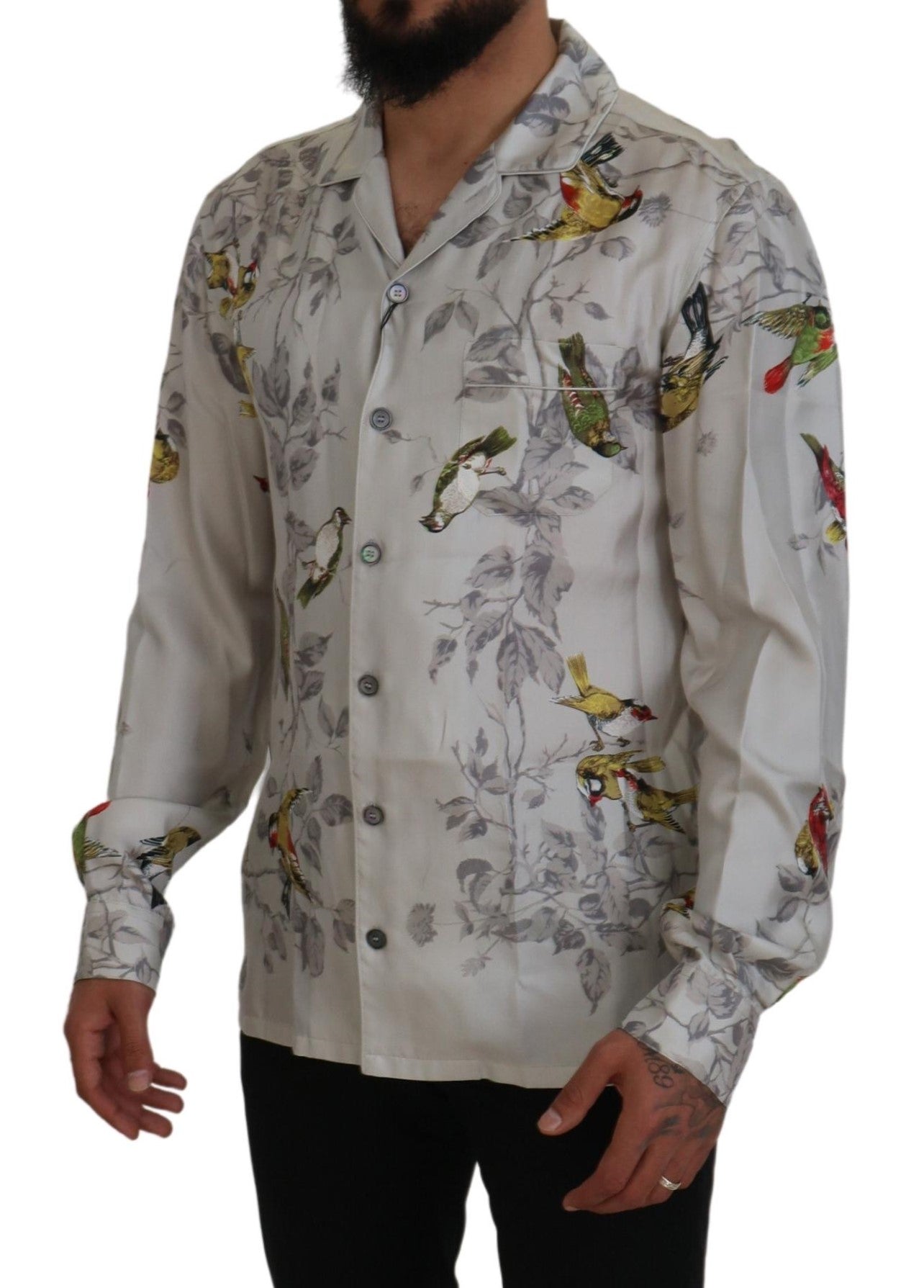 Camisa informal elegante con estampado de pájaros en seda