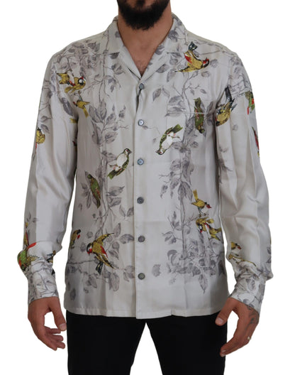 Camisa informal elegante con estampado de pájaros en seda