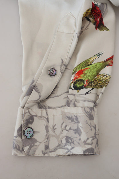 Camisa informal elegante con estampado de pájaros en seda