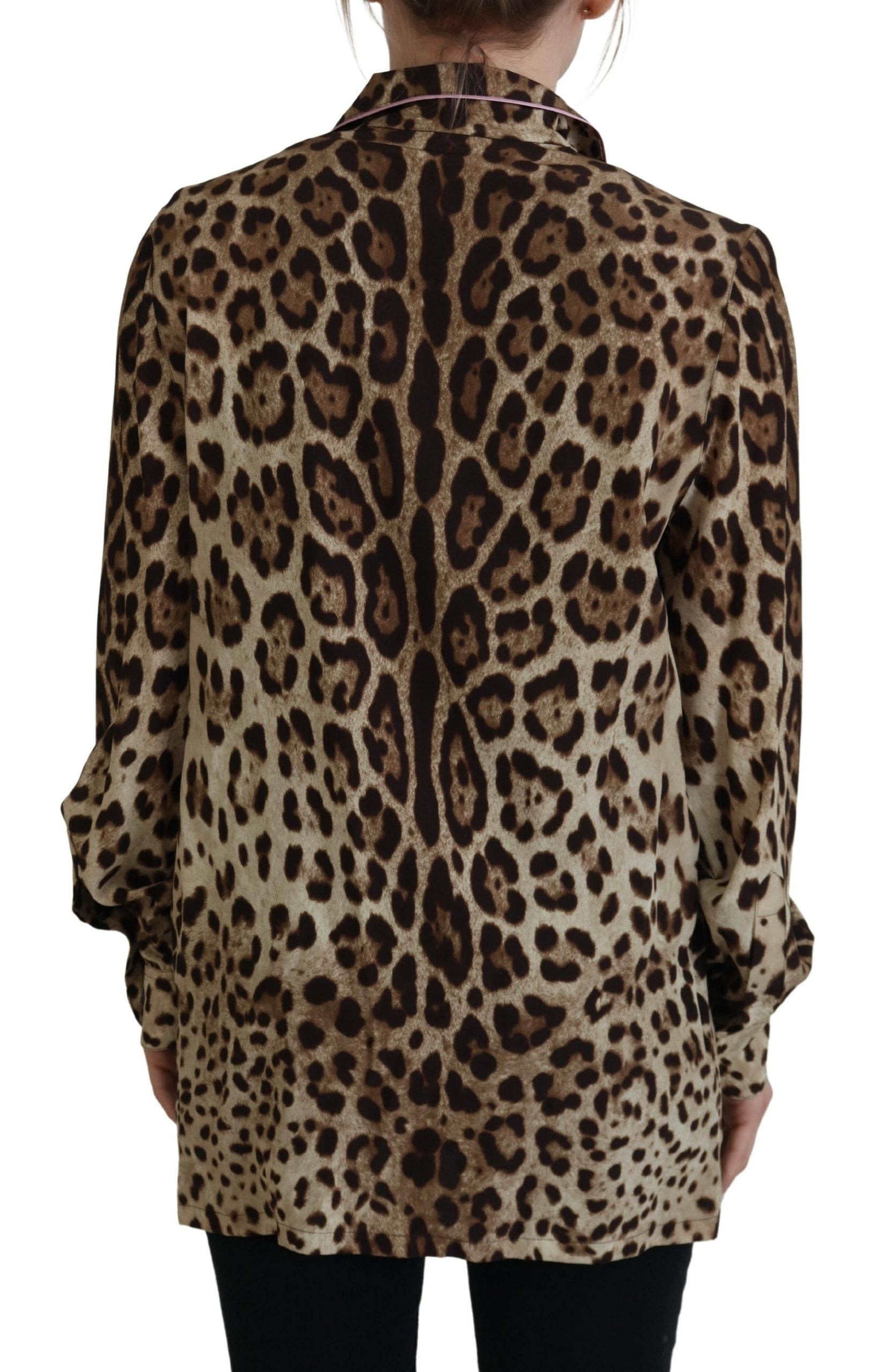 Elegant Silk Leopard Print Collared Top