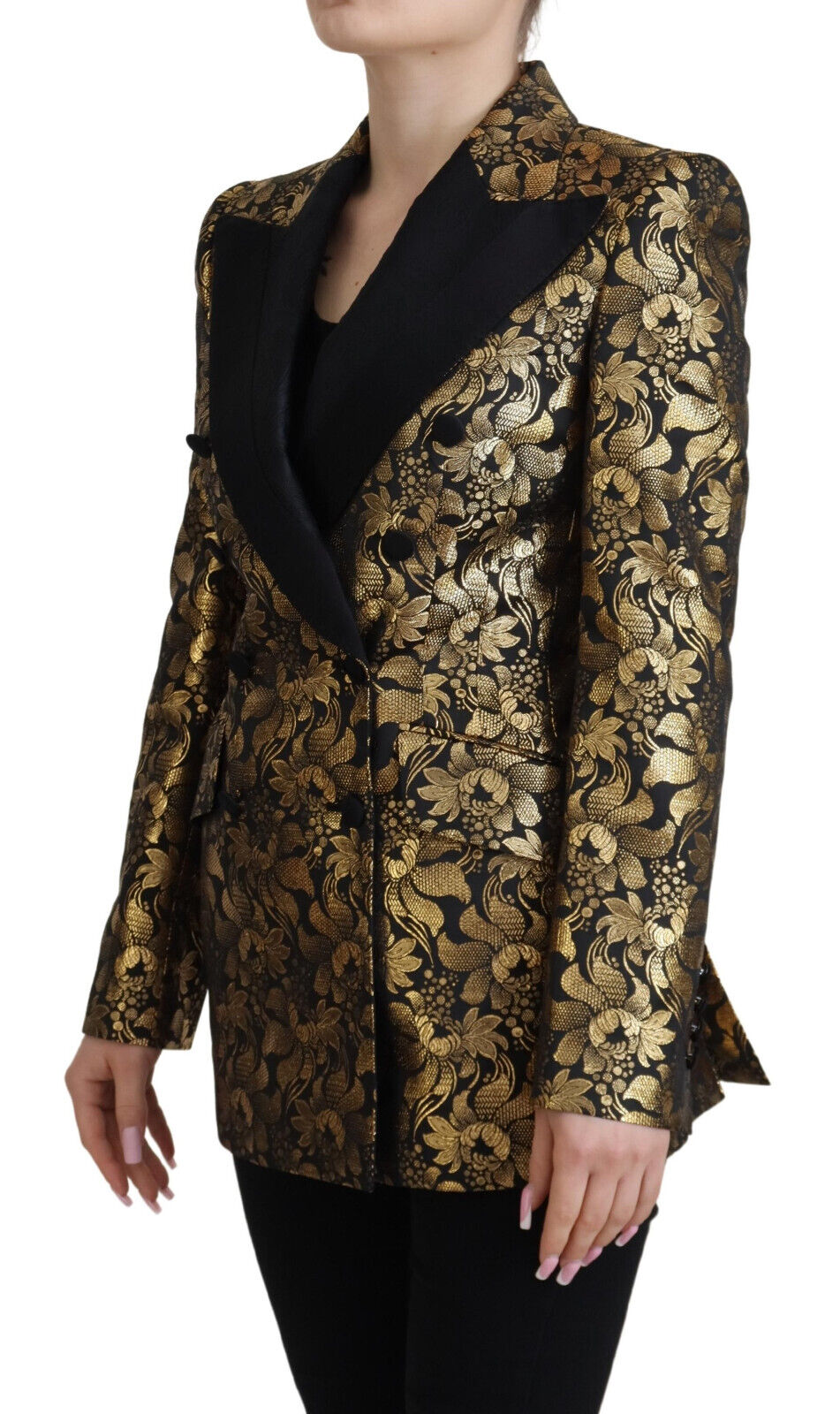 Elegante chaqueta floral negra y dorada