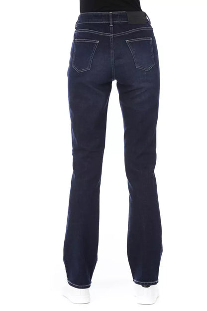 "Blue Cotton Women's Jeans with Tricolor Pocket Detail"