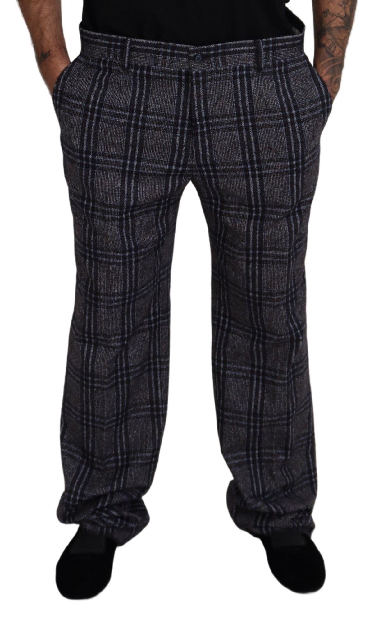 Elegant Gray Checkered Alpaca Blend Pants