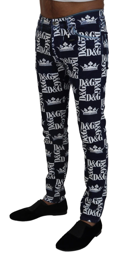 Elegant Crown Print Denim Pants