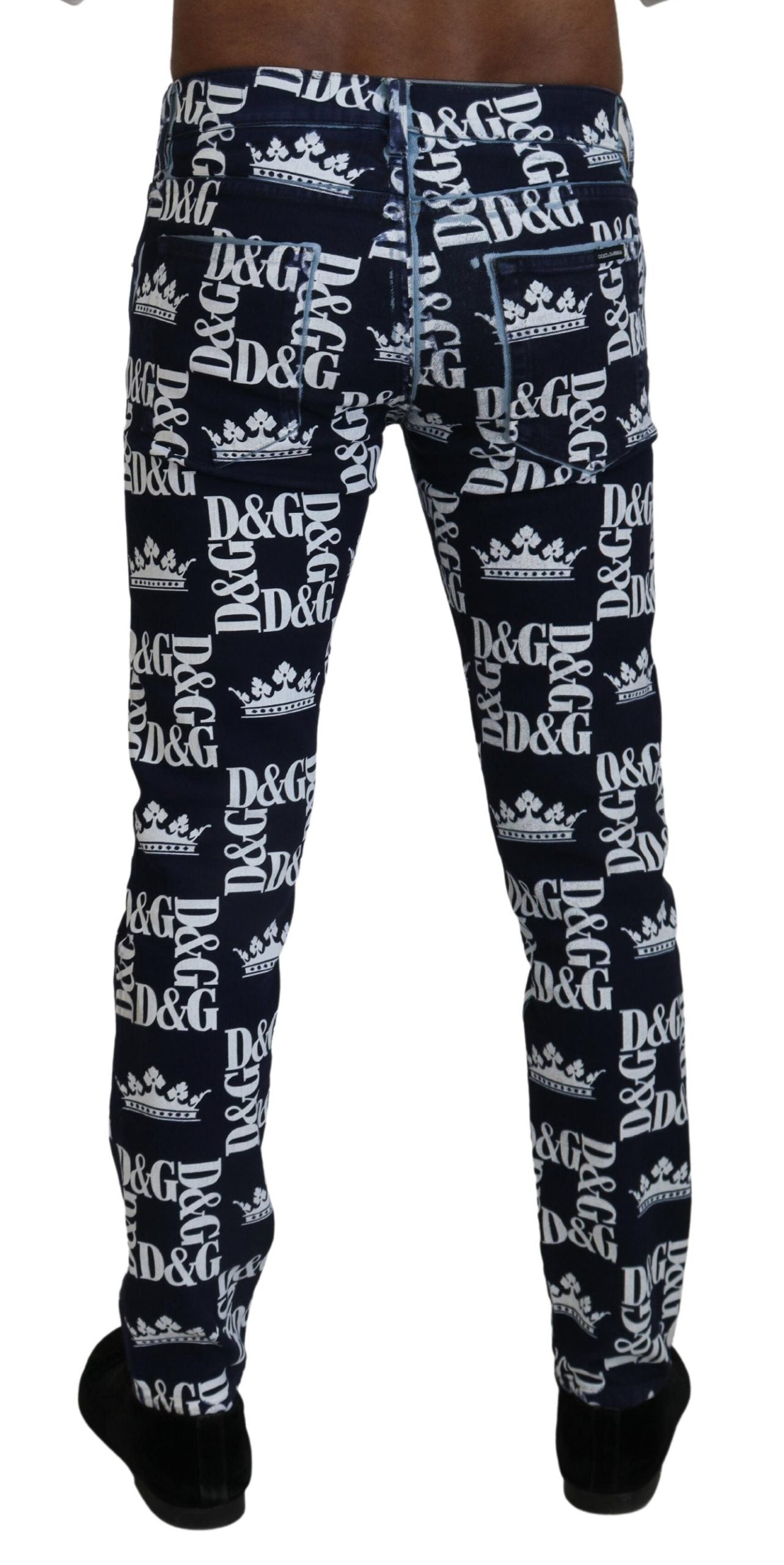 Elegant Crown Print Denim Pants