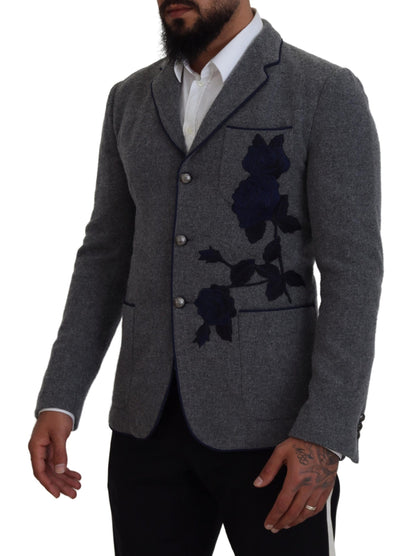 Elegant Gray Wool Blazer with Blue Rose Embroidery