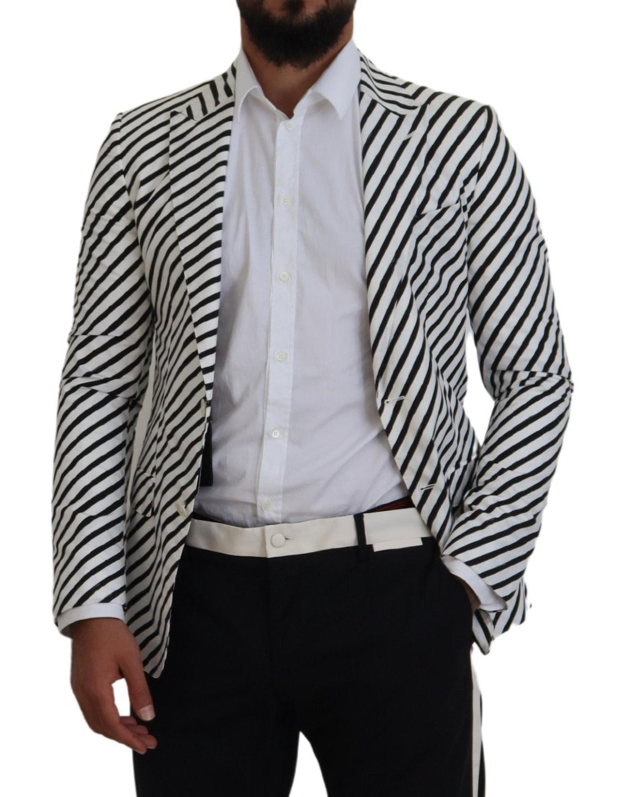 Elegant White Striped Single Breasted Blazer