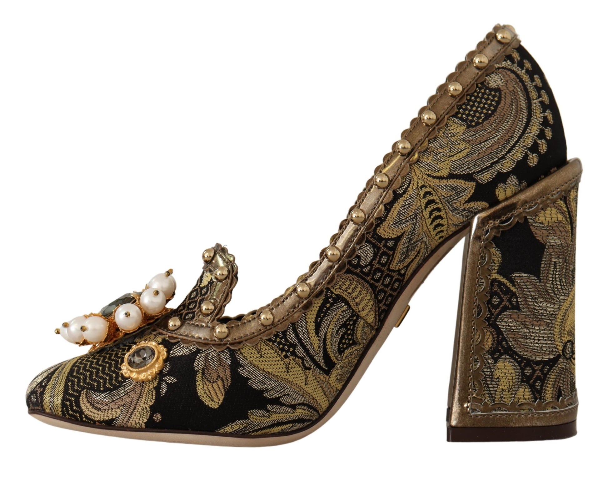 Elegantes zapatos de salón con brocado en jacquard dorado