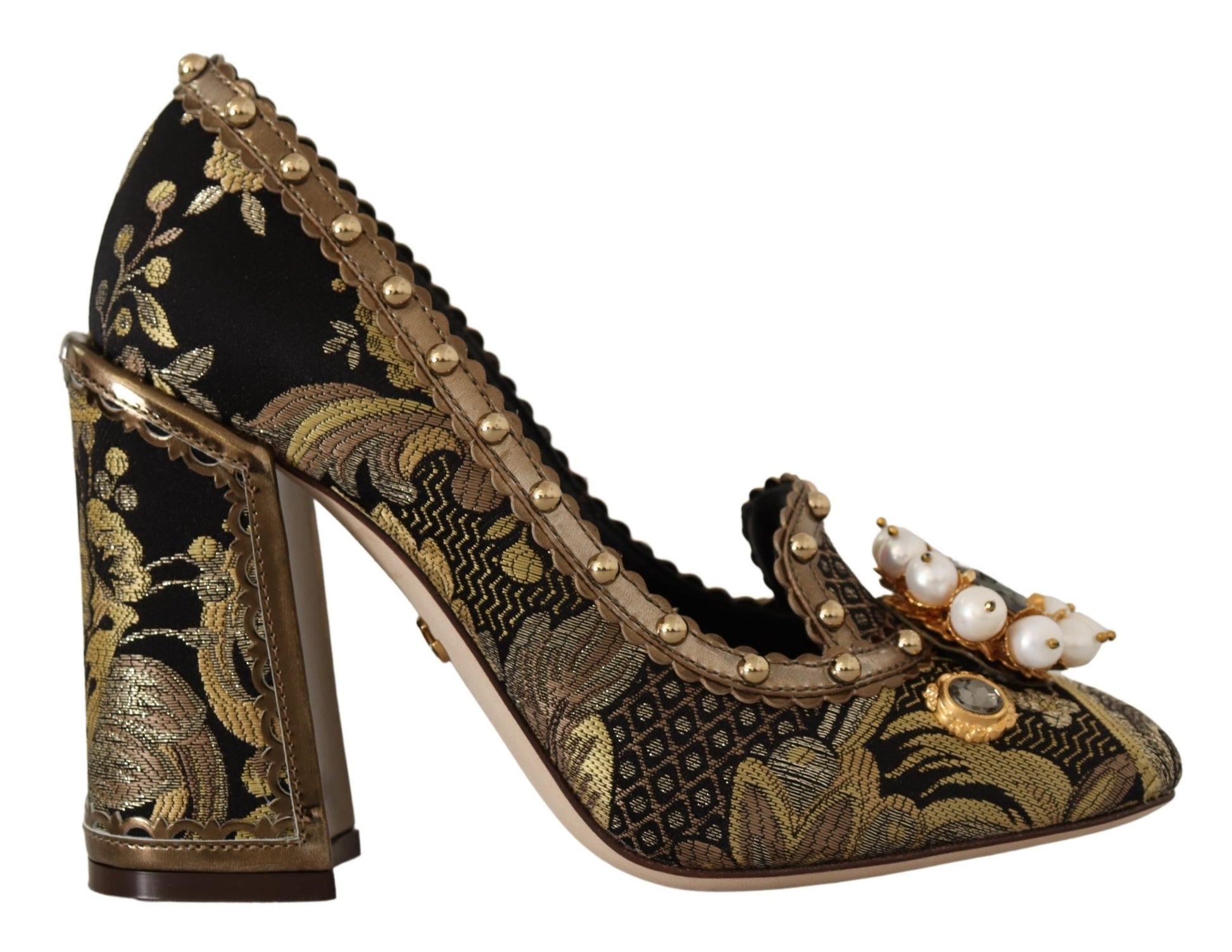 Elegantes zapatos de salón con brocado en jacquard dorado