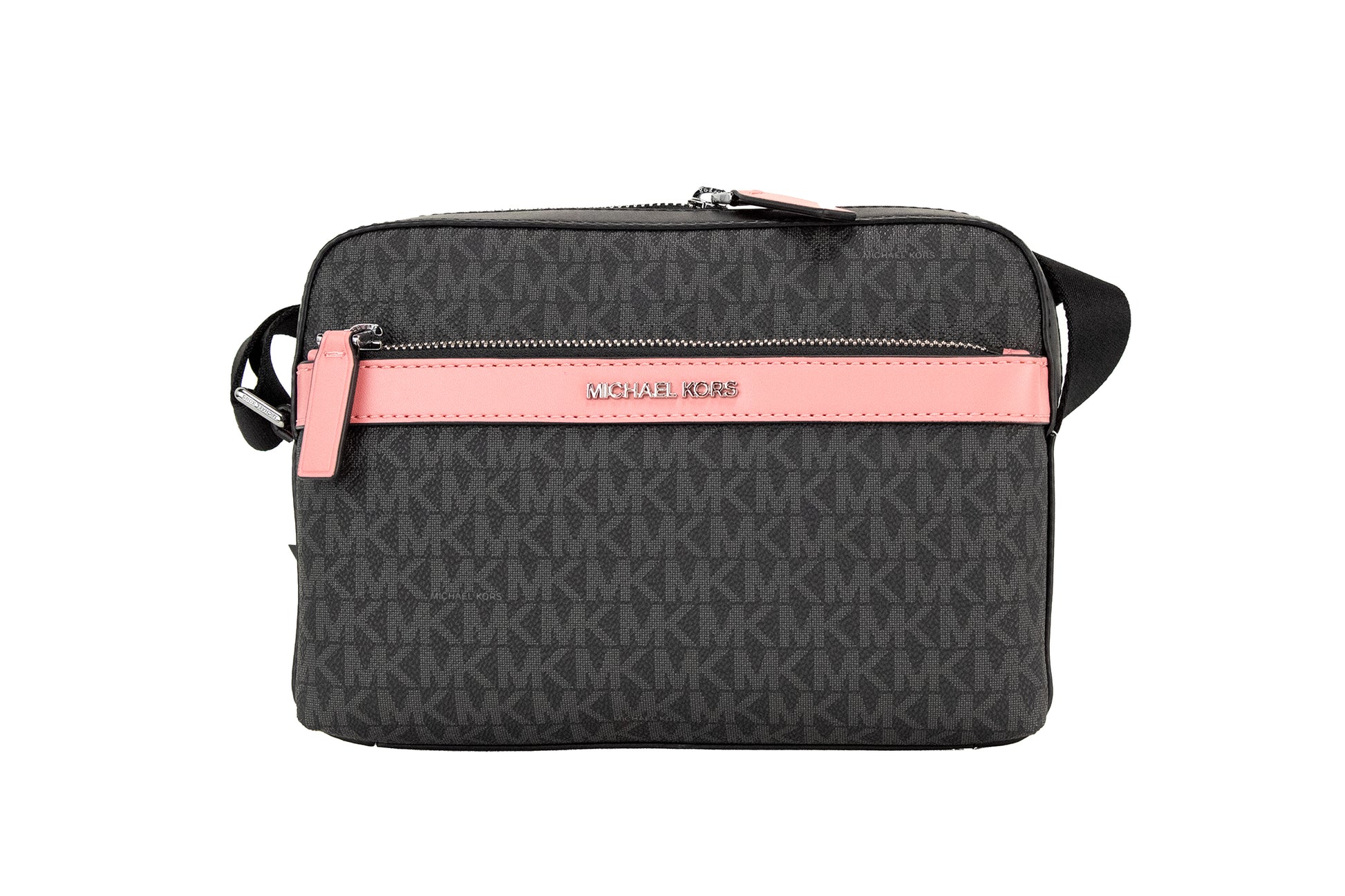 Bolso bandolera utilitario pequeño de PVC con firma de Cooper en color negro y rosa