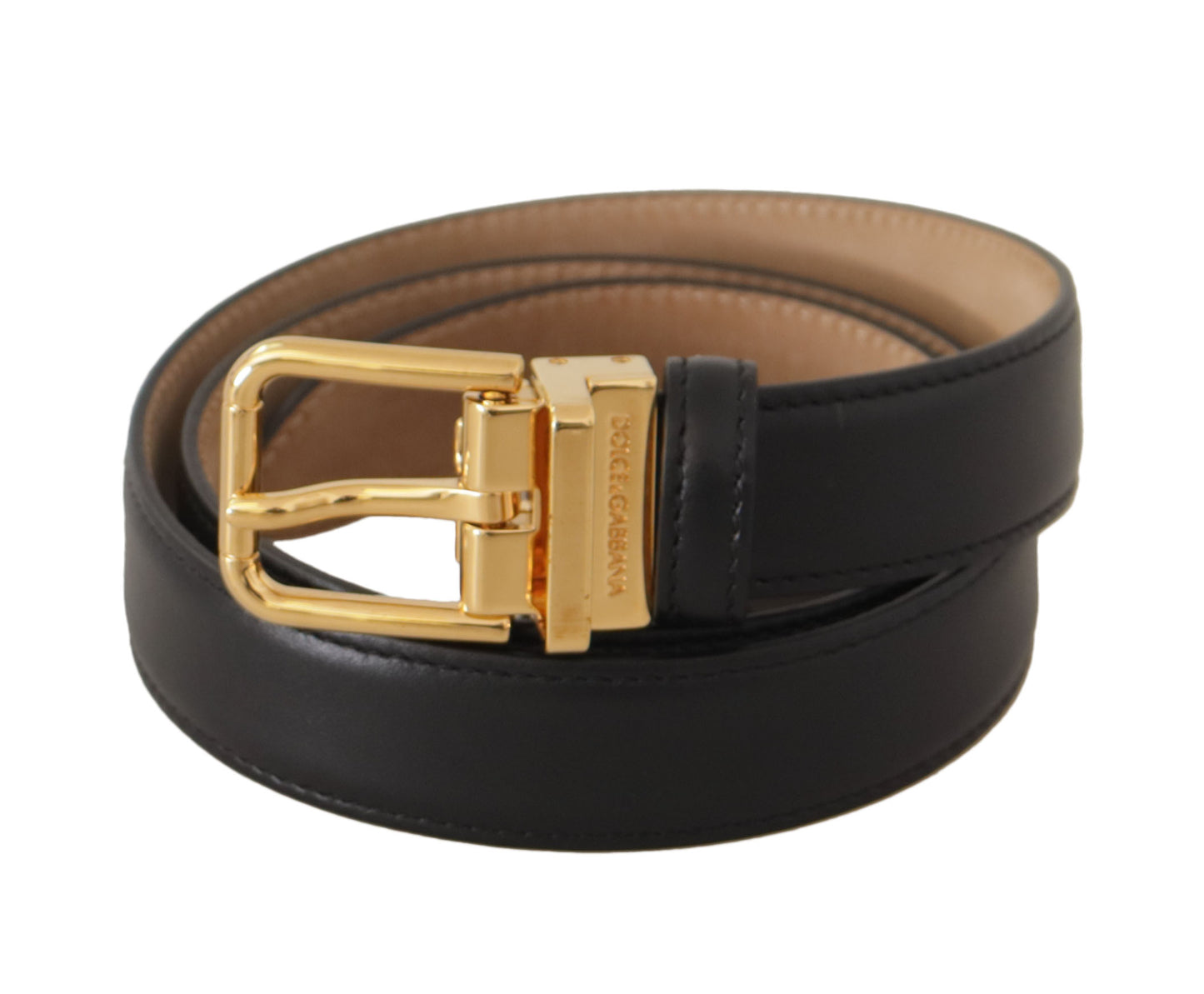 Elegant Black Leather Belt with Engraved Buckle