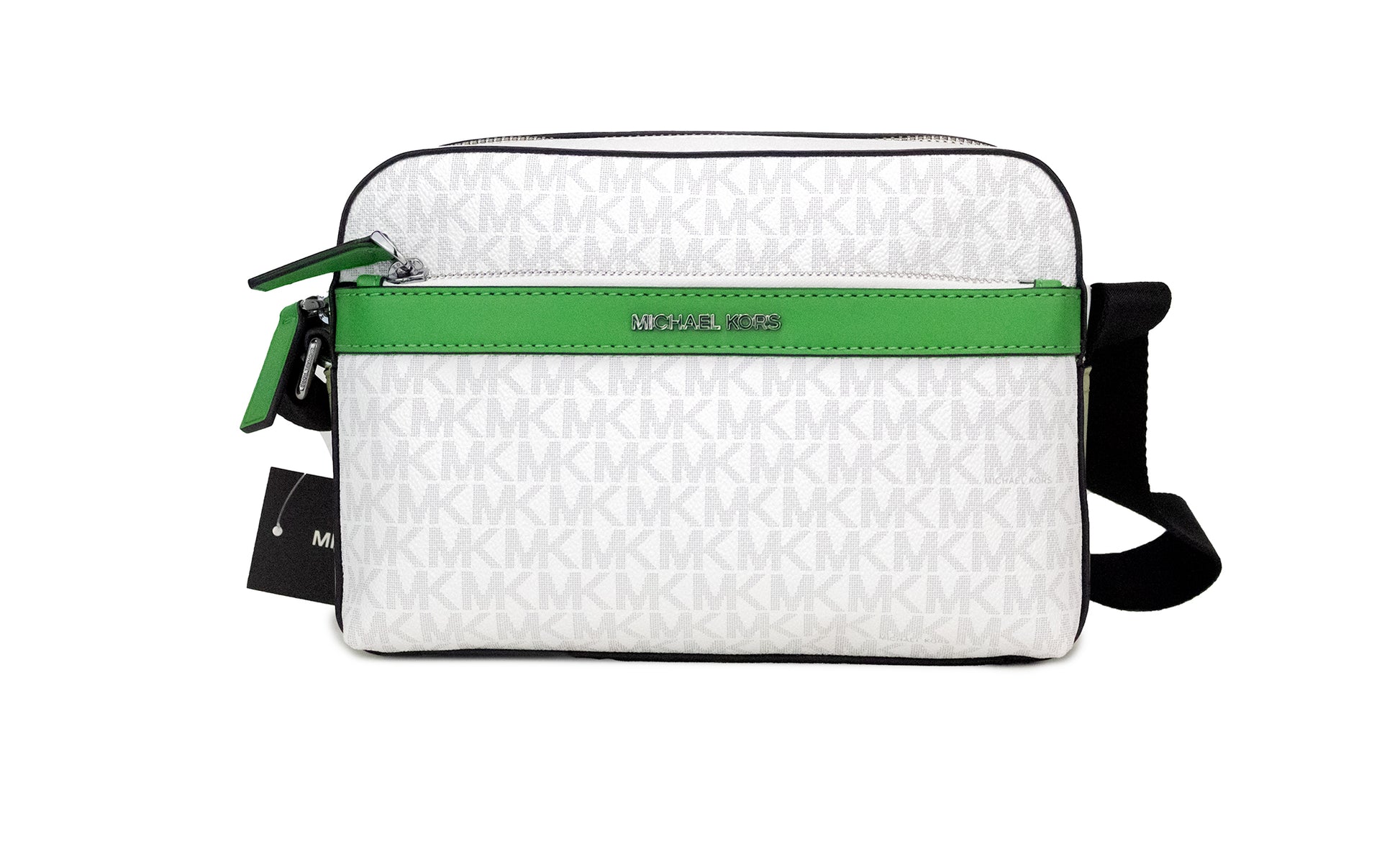 Bolso bandolera utilitario Cooper Small de PVC con firma de palmeras en blanco brillante