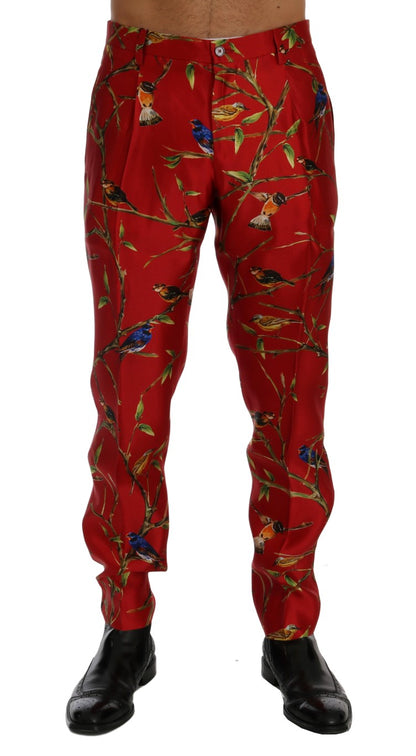 Elegante pantalón de vestir de seda con estampado de pájaros rojos