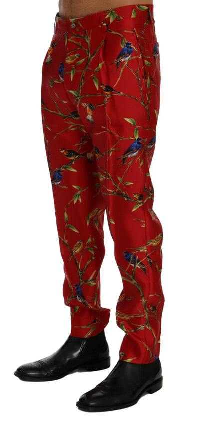 Elegante pantalón de vestir de seda con estampado de pájaros rojos