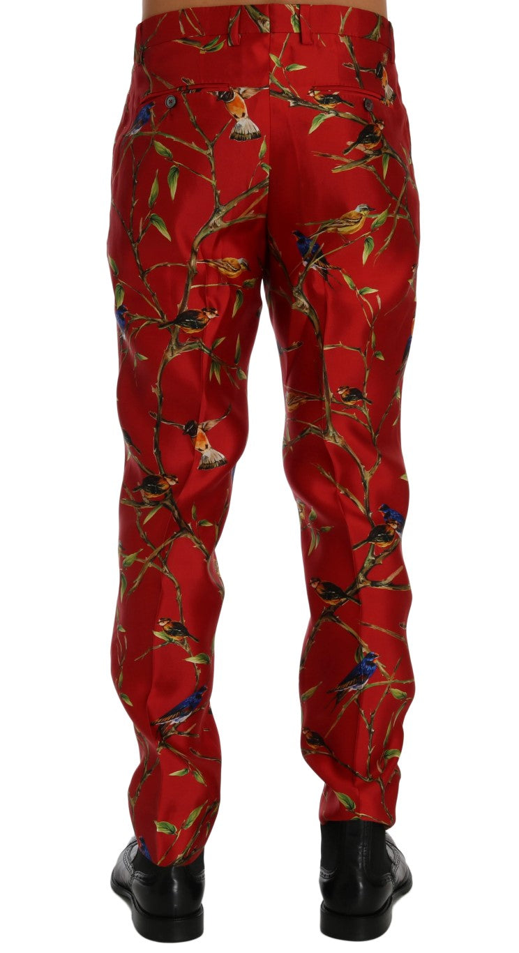 Elegante pantalón de vestir de seda con estampado de pájaros rojos