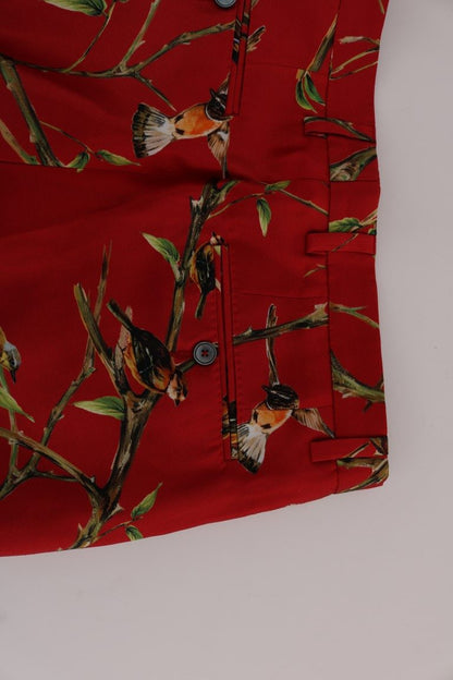 Elegante pantalón de vestir de seda con estampado de pájaros rojos