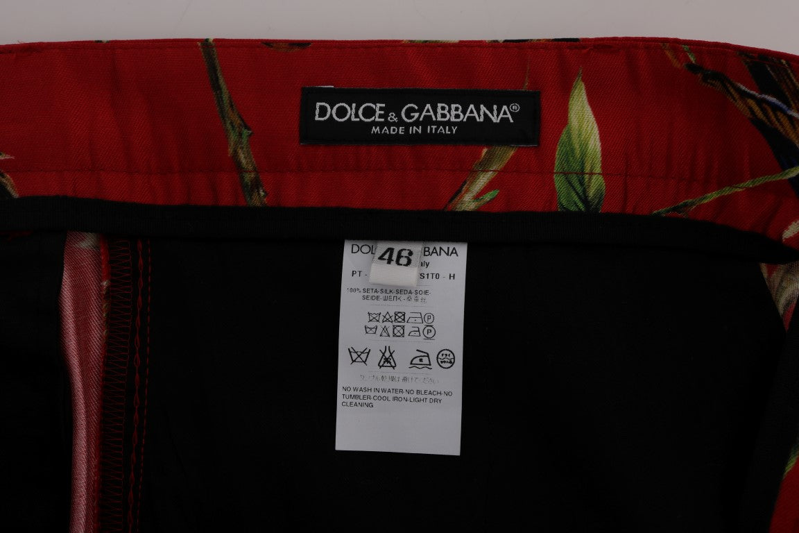 Elegante pantalón de vestir de seda con estampado de pájaros rojos