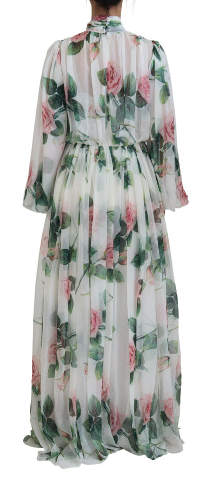 Elegant White Silk Maxi Dress with Rose Print