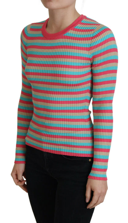 Elegant Striped Silk Crewneck Pullover