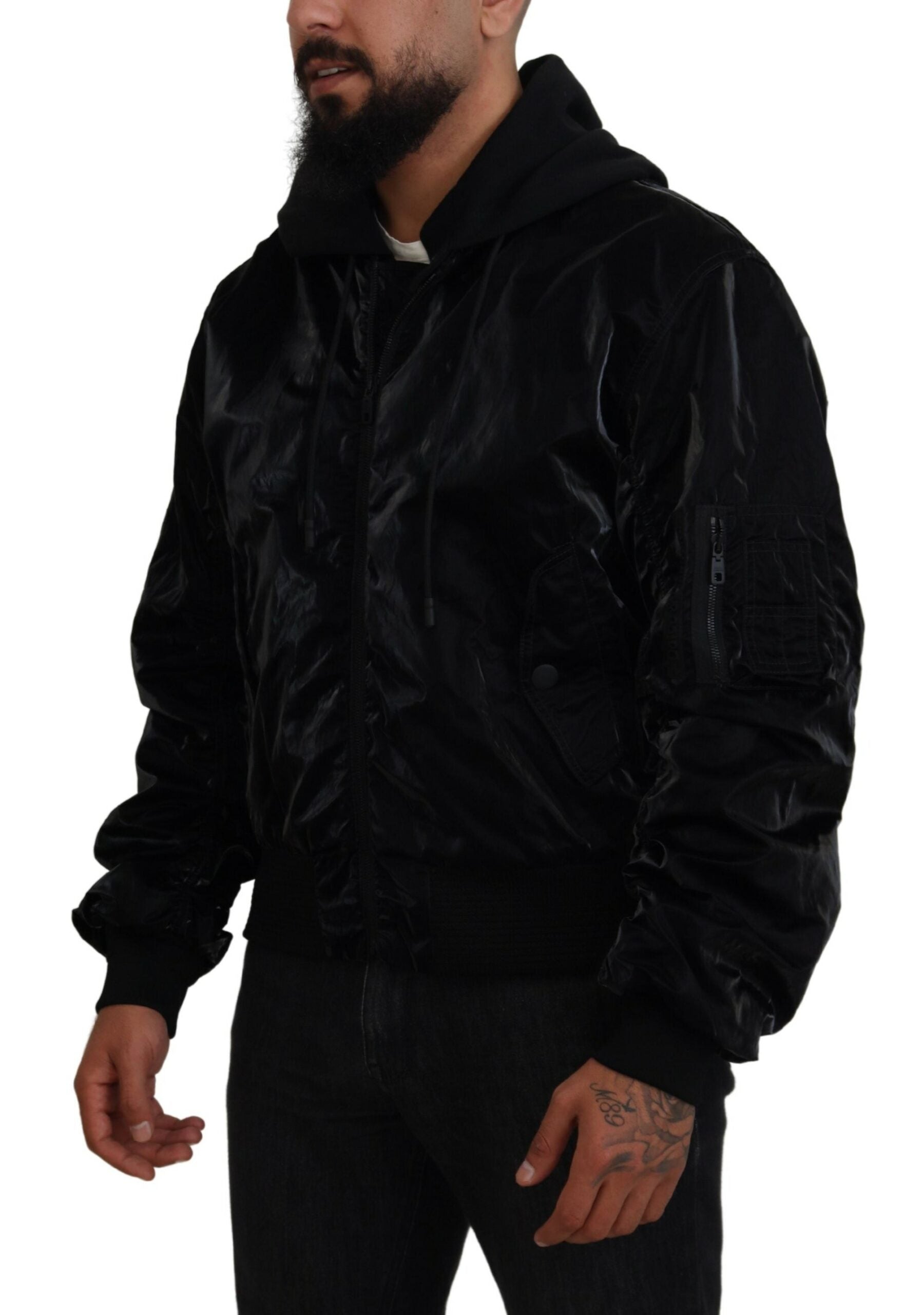 Elegant Black Bomber Hooded Jacket