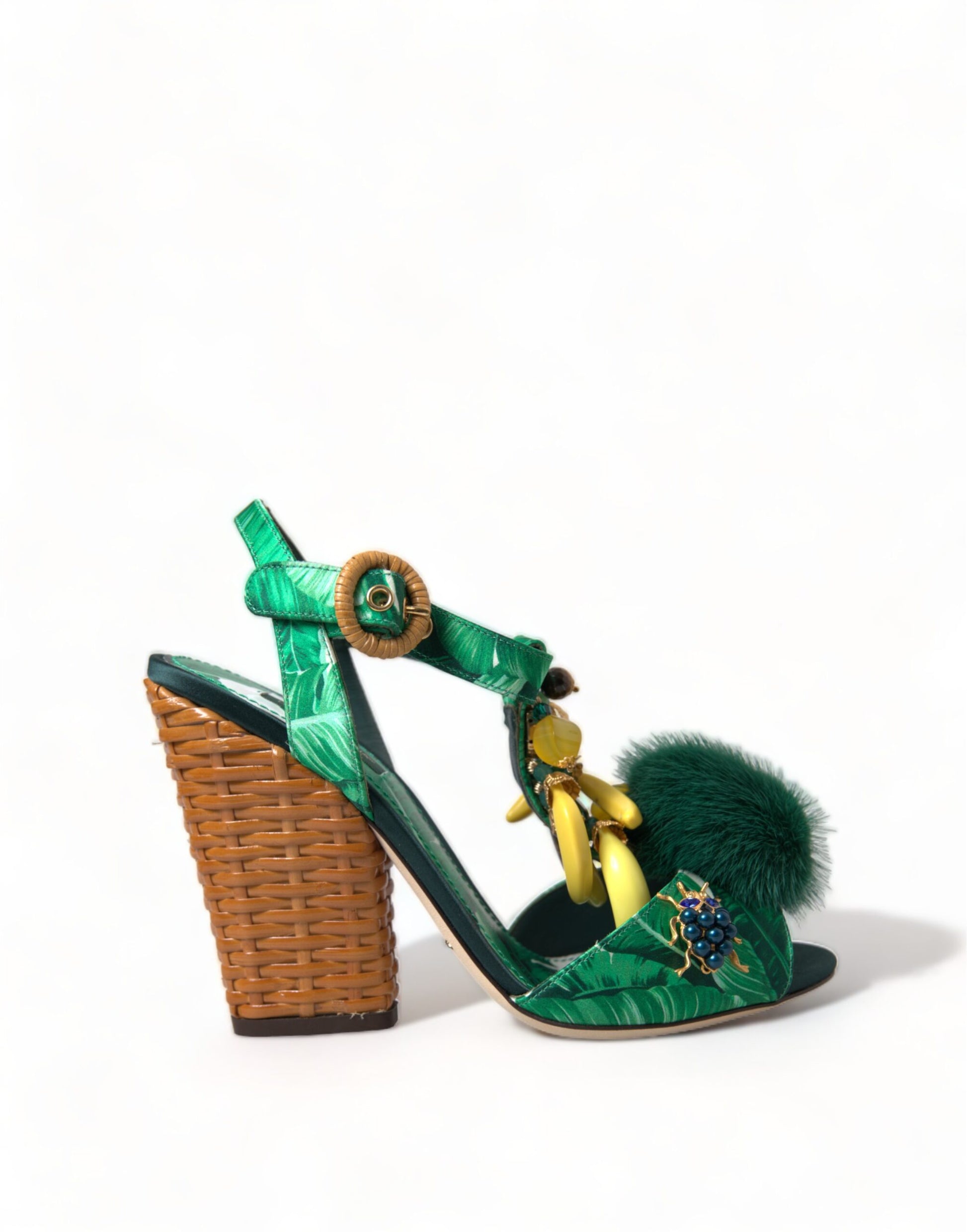 Sandalias con tiras en T de piel de visón verde cristal