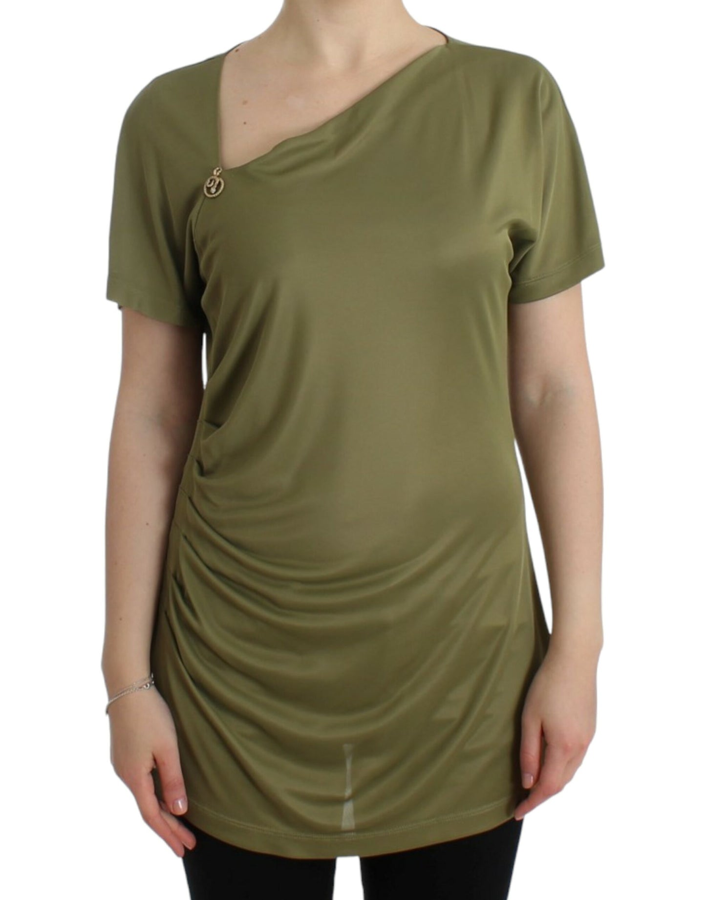 Elegante blusa de jersey verde con detalles dorados