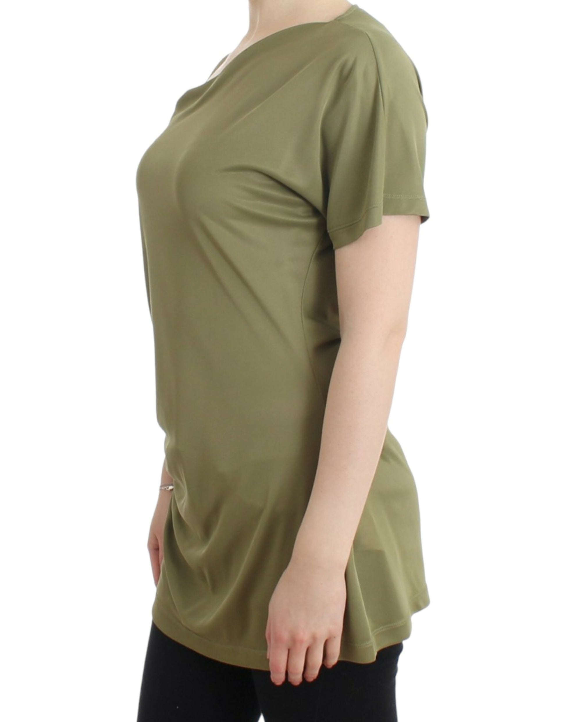 Elegante blusa de jersey verde con detalles dorados