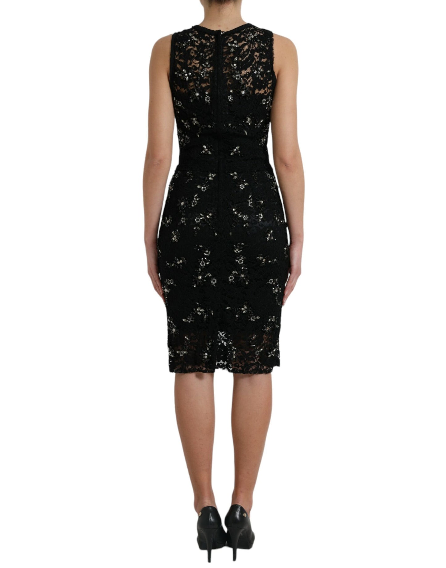 Exquisite Black Floral Lace Crystal Sheath Dress