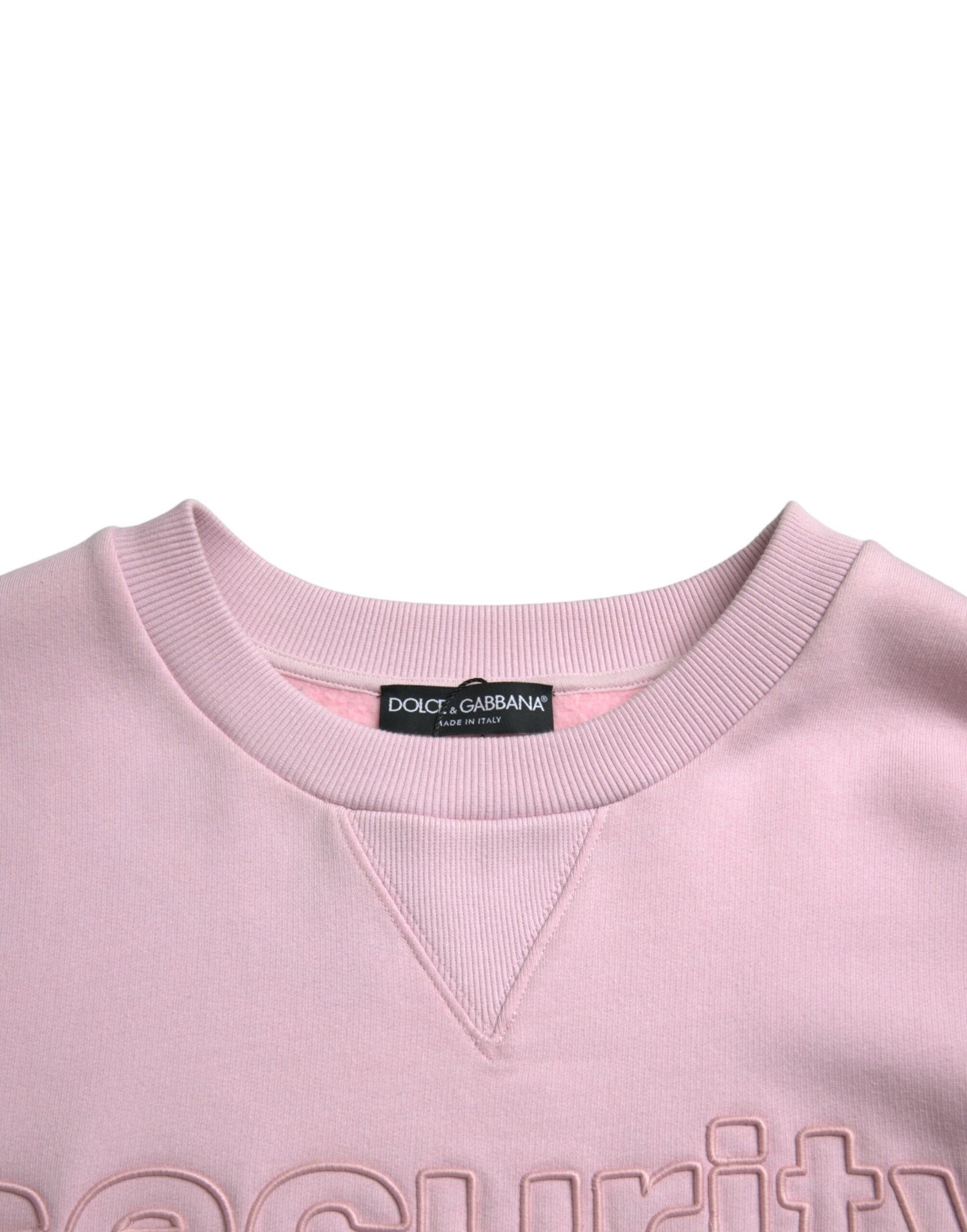 Suéter elegante con cuello redondo y logotipo en color rosa