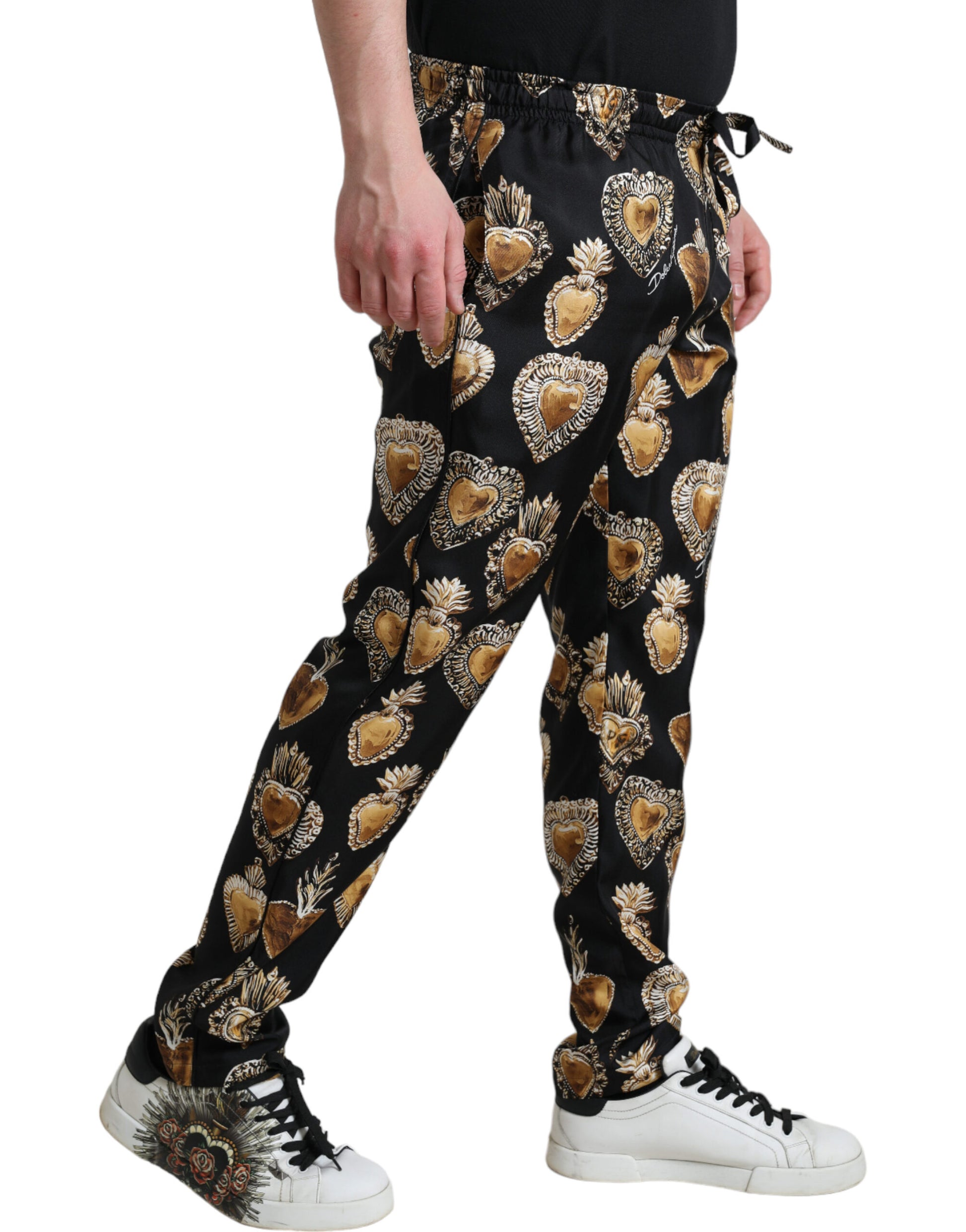 Pantalones de pijama de seda con estampado elegante de corazones